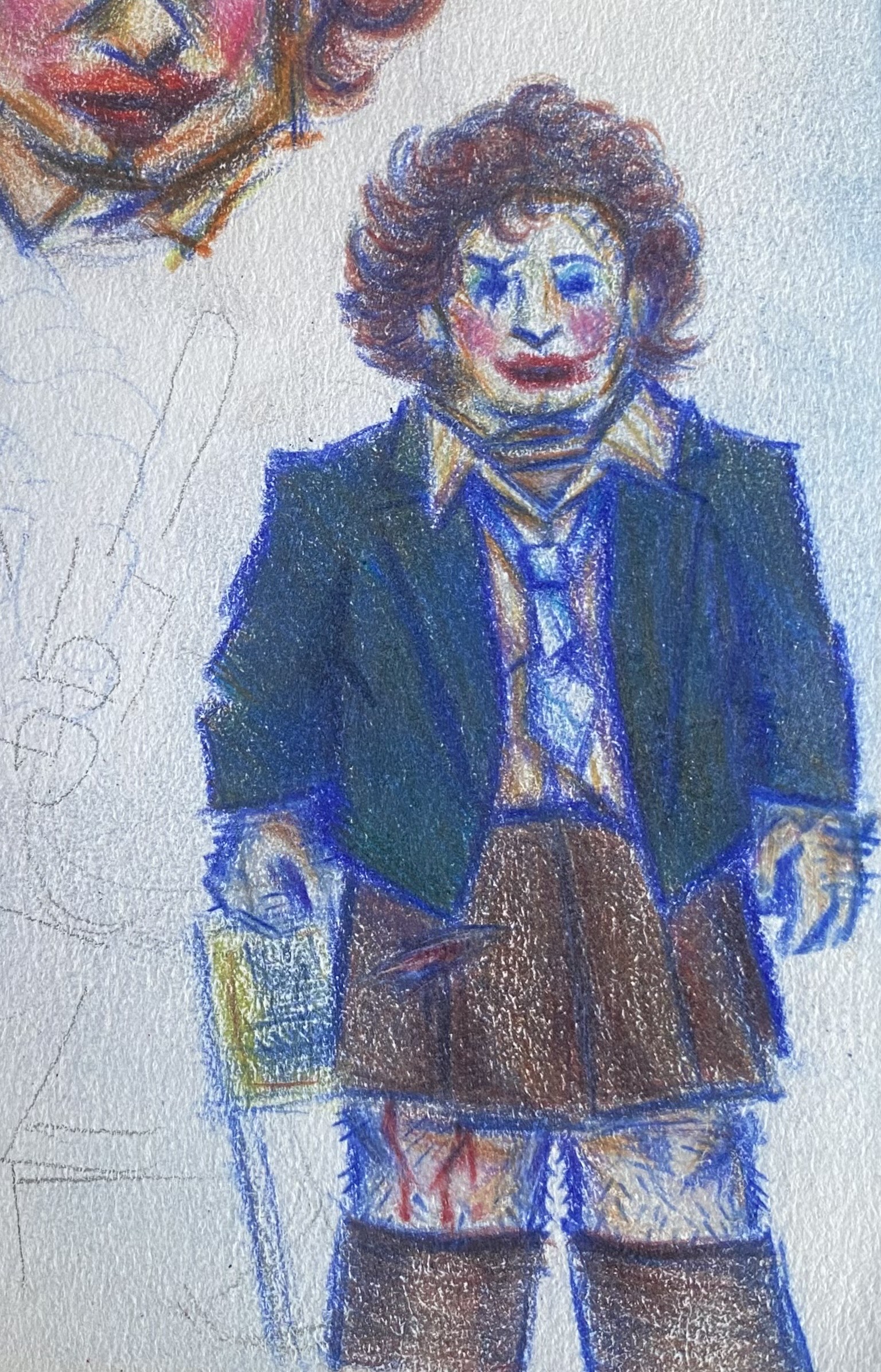 a colored pencil drawing of leatherface in his 'pretty woman' outfit. he is wearing a skirt and holding his chainsaw down to the side. a cropped off, close-up drawing of leatherface's 'pretty woman' mask is semivisible on the top left corner of the page.